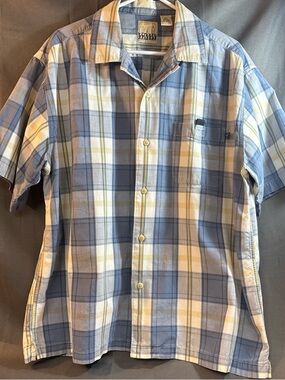 American Eagle button down short sleeve men’s blue plaid shirt size large.